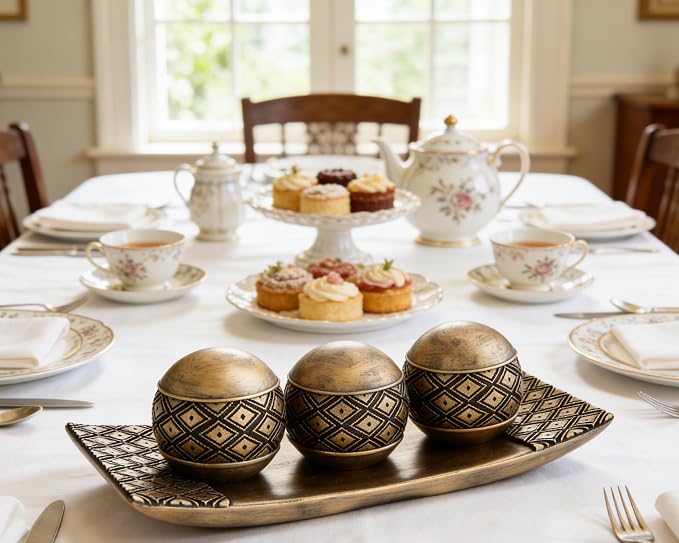 Vintage Decorative Orbs with Tray Set, 3Pcs Resin Decorative Balls with Tray, Modern Accent Sphere for Coffee Table, Dining Table, Living Room, Entryway