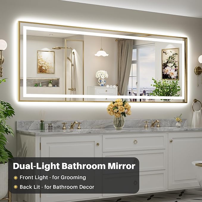 96X36 Inch LED Bathroom Mirror with Gold Frame, Backlit & Front Lit, Anti-Fog Lighted Bathroom Vanity Mirror for Wall, Memory Function, Dimmable, HD Tempered Glass, Shatter-Proof