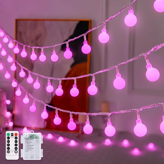 JMEXSUSS 33FT 100 LED Pink Globe String Lights Battery Operated 8 Modes | Fairy Lights Indoor Outdoor Waterproof Battery Powered String Lights with Remote for Wedding Bedroom Camping Decor