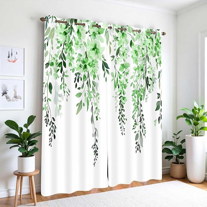 Green Watercolor Floral Curtains, Botanical Leaves Vine Flowers Curtain, Rustic Farmhouse Flower Leaf Blackout Window Treatment Drapes for Bedroom Living Room 42x96 inch, 2 Panels