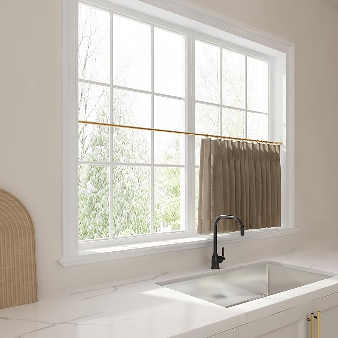 TWOPAGES 42" W x 36" L Linen Blend Cafe Curtains for Kitchen Window, Light Filtering Pinch Pleated Tier Curtains, Modern Farmhouse Half Window Curtains for Bathroom, Rust Brown, 2 Panels