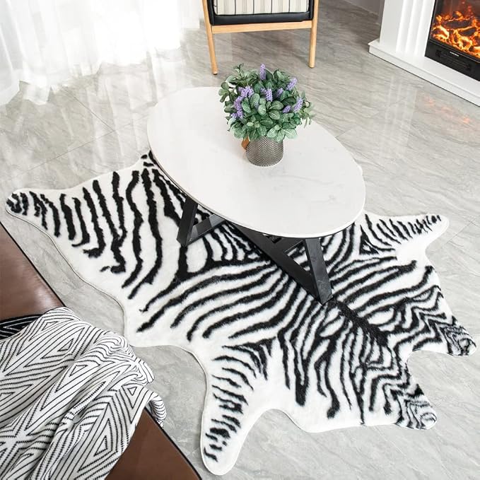 Zebra Print Rug Faux Animal Print Skin Area Rug Cowhide Western Decor Cute Carpet for Bedroom Living Room, 4.9x6.6 Feet