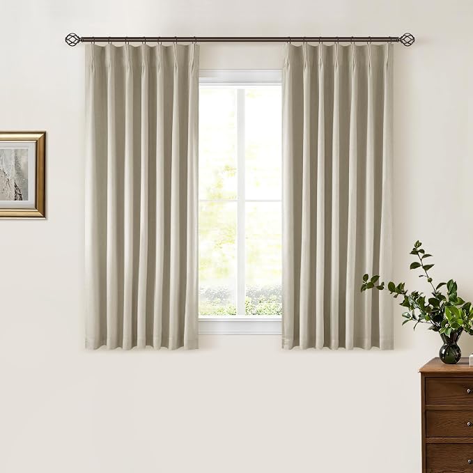 Greyish Beige Linen Blackout Curtains 45 Inch Length 2 Panels Pinch Pleated Back Tab Short Curtains for Kitchen with 100% Blackout Liner Neutral Farmhouse Drapes for Basement Thermal Insulated Drape
