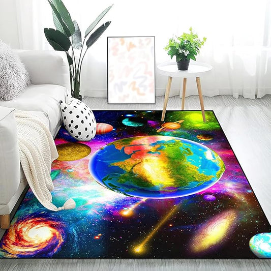 BATATADOCE Outer Space Floor Rugs Planet Area Rugs Solar System Rug Space Area Rug Boys Rugsfor Bedroom Playroom Living Room Space Room Decor 5'×7'