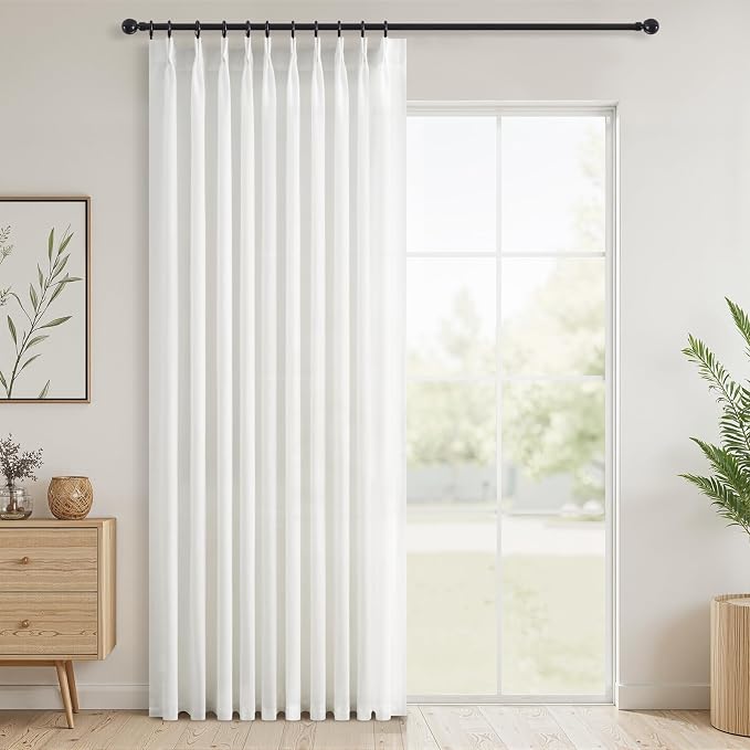 Topfinel 105 Inches Long Pinch Pleated Semi Sheer Curtains,White Linen Blended Light Filtering Window Curtains 105 Length for Living Room Bedroom Pinch Pleat Drapes with Hooks 1 Panels 60" Wx105 L