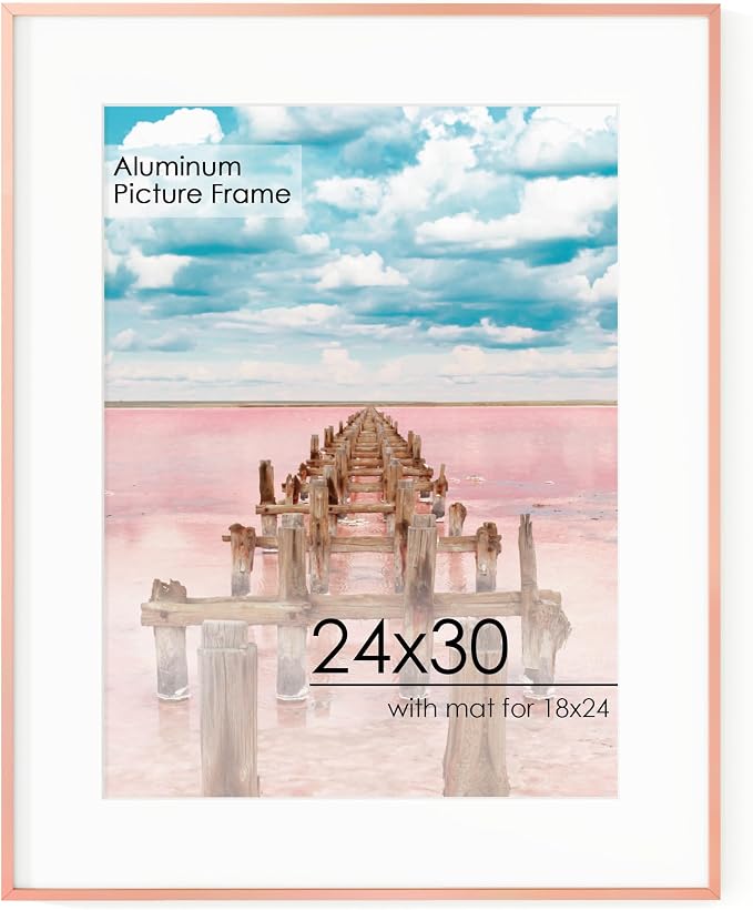 24x30 Metal Picture Frame for Wall With Mat for 18x24, 24''x30'' Aluminum Photo Frames With Tempered Glass for Home Decor, Minimalist Modern Poster Frame Horizontal And Vertical Formats, Rose Gold