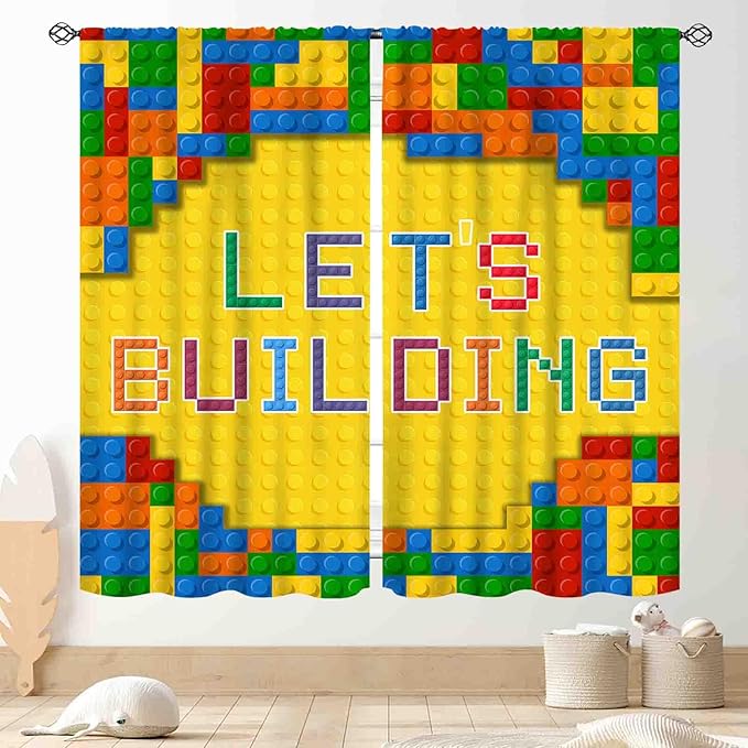 Building Blocks Curtains for Boys Room, Abstract Colorful Plastic Building Brick Blocks Geometric Printed Pattern Yellow Window Drapes for Kids Baby Bedroom Living Room, 52"x84" Inch