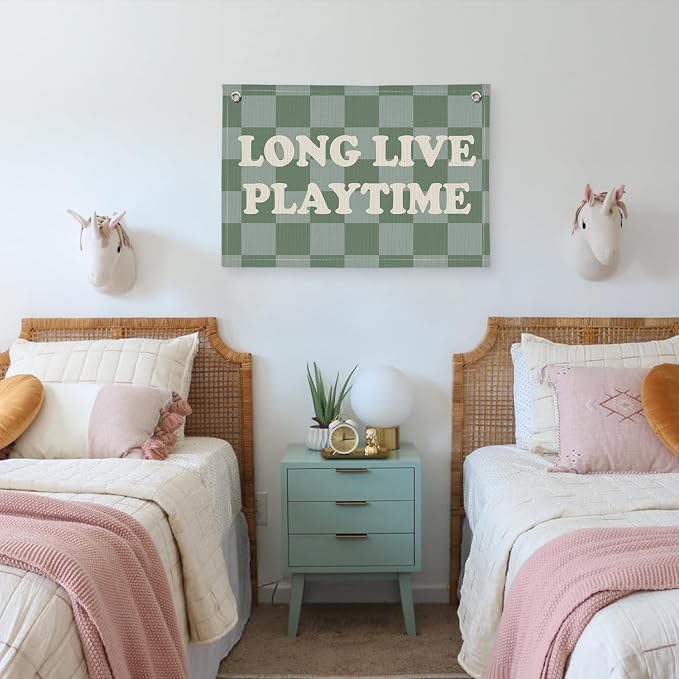 Long Live Playtime Banner, Boy Nursery Decor, Sage Green Blue Canvas Banner Wall Hanging Banner Flag Decor for Nursery Playroom Toddler Room, Boys Kids Room Decor, 26x19 Inch, Beige