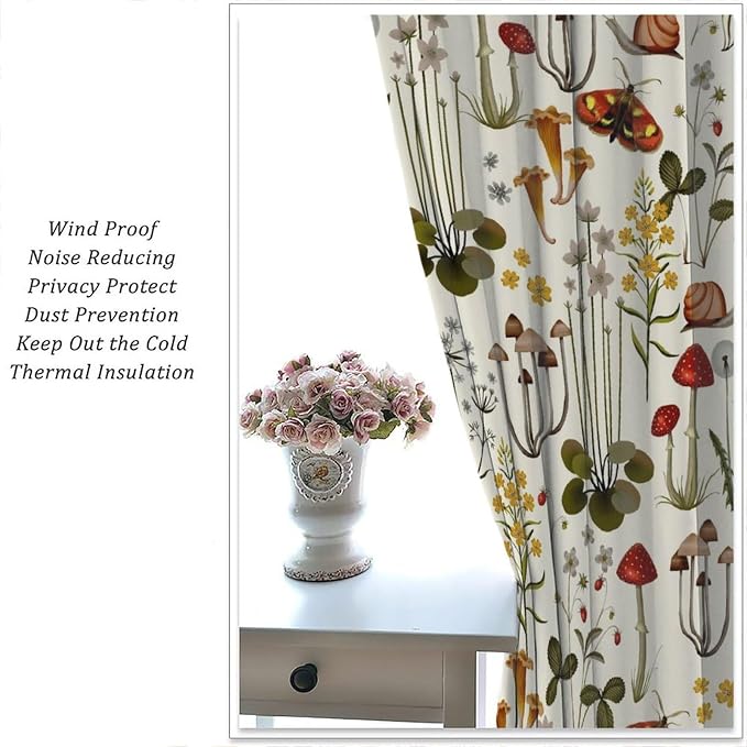 Rustic Mushroom Curtains, Farmhouse Country Fairy Tale Forest Wild Floral Botanical Nature Plants Herbs Moth Blackout Window Treatments for Kitchen Bedroom Livingroom, 72" W X 63" L