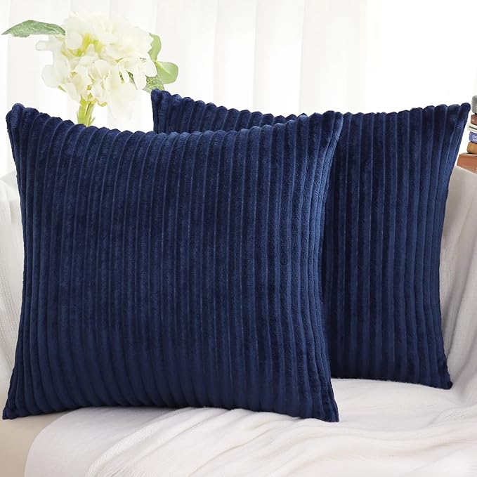 Simmore Decorative Fall Throw Pillow Covers 22x22 Set of 2, Soft Natural Plush Flannel Double-Sided Fluffy Couch Euro Sham Pillow Covers for Sofa Living Room, Navy Blue