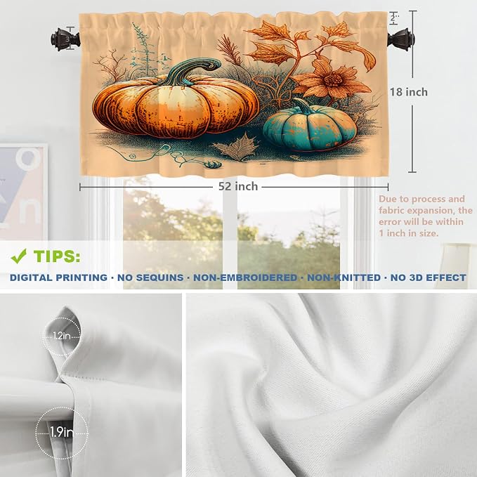 Shrahala Autumn Pumpkin Harvest Kitchen Valances, Art Hand Painting Flowers Grass Half Window Curtain Window Treatment Multilayer Polyester Blackout for Living Room Bathroom 2 Pack 52 x 18 in