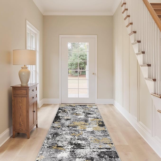 Abstract 2x6 Runner Rug: Machine Washable Non Slip Ultra Thin Low-Pile Carpet, Soft Stain Resistant for Hallway Kitchen Bathroom, Kid Pet Friendly, Robot Vacuum Compatible - Black Gold
