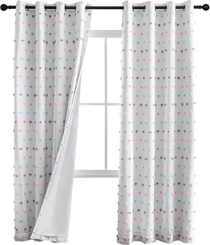 MYSKY HOME Total Blackout Curtains for Kids Bedroom 80 Inch Long 100% Light Blocking Curtains for Living Room 2 Panels Room Darkening Grommet Double Layer Drapes with Rainbow Pom Pom Sheer 52W x 80L