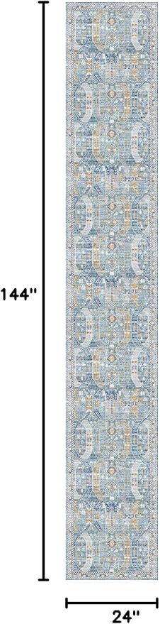 Madane Washable Runner Rugs 2x12 Long for Hallway Kitchen Soft, Blue/Gold | Non-Slip Vintage Printed 12ft Rug Runners with Rubber Backing, Low-Pile Floor Carpet Laundry Room Entryway, Corridor