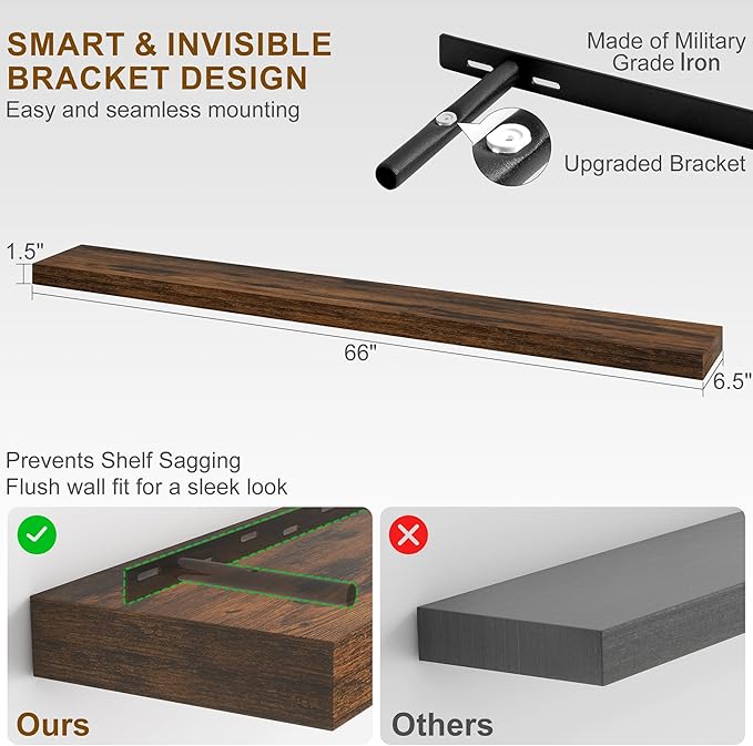 Fun Memories 66 Inch Fireplace Mantel - Long Floating Shelf, Wall Mounted Farmhouse Display with Invisible Heavy Duty Metal Bracket, Brown, 2 Pack