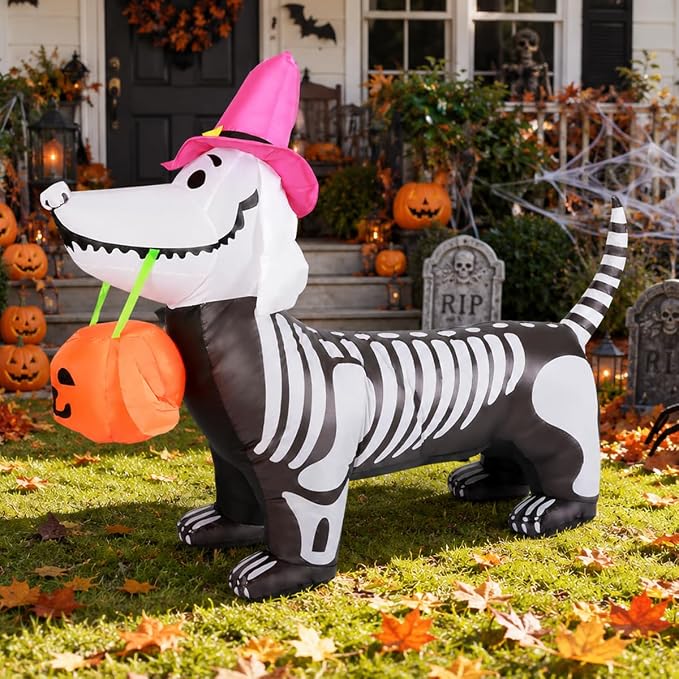 GOOSH 5.5 FT Halloween Inflatables Outdoor Decorations Skeleton Puppy Inflatable Yard Decoration with Build-in LEDs Blow Up Pumpkin for Halloween Party Indoor Outdoor Yard Garden