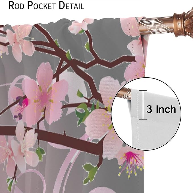 Cherry Blossom Curtains,Pink Flower Japanese Floral Print Window Treatments for Bedroom Living Room Kitchen Polyester Fabric Window Drapes 2 Panels Set,Total Size 55 x 63 Inch