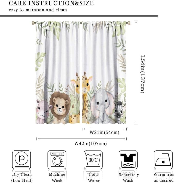 Nursery Curtains Jungle Safari Theme with Giraffe Print, Kids Room Classroom Decor, 42x54 Inches, 75% Blackout Fabric for Baby Nursery, Animal Cub Design, Easy Install & Machine Washable