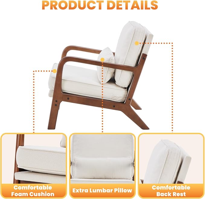 DUMOS Mid Century Modern Accent Chair, Armchair with Lumbar Pillow and Waist Cushion, Solid Wood Frame Lounge Chair for Living Room, Bedroom, Reading Nook, Small Apartment Corner, Ivory White
