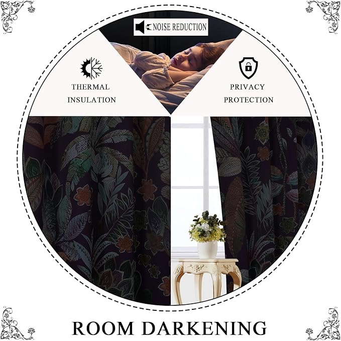 Estelar Textiler Purple Blackout Floral Curtains 84 inches Long 2 Panels for Bedroom,Grommet Thermal Insulated Boho Vintage Curtains for Living Room Darkening Window Drapes,52Wx84L