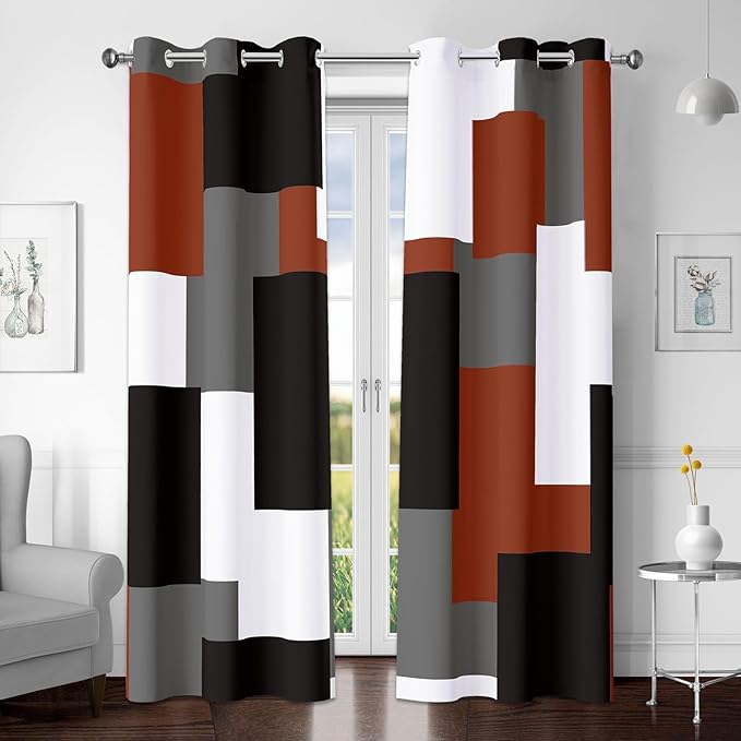 Tyrot Burnt Orange 100% Blackout Curtains for Bedroom 63 inch Length 2 Panels Set Grey Modern Abstract Geometric Fall Black Out Curtains Insulated Room Darkening Window Drapes for Living Room, 42Wx63L