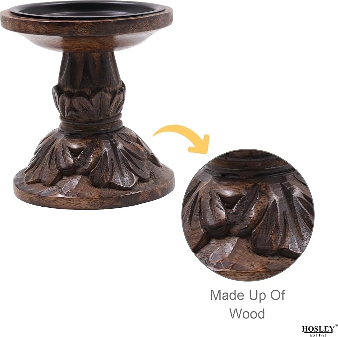 Hosley Set of 3 Wood Pillar Candle Holders 8", 6", 4.25" High Dark Brown Wooden Candlestick Set for Table Centerpiece Ideal for LED & Wax Candles, Rustic Home Decor, Wedding, Party, Spa, Reiki