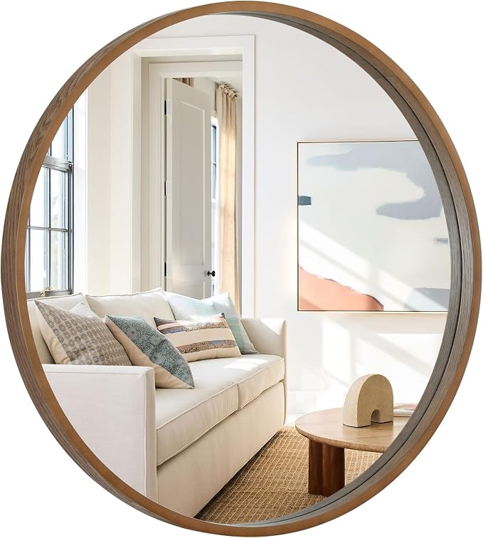 WallBeyond Round Wood Mirror, 36" Round Modern Decoration Large Circle Wall Mirror for Bathroom Living Room Bedroom Entryway, Walnut
