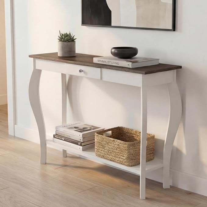 ChooChoo Narrow Farmhouse Console Table with Drawer, Chic Accent Sofa Entryway Table with Shelves for Entryway, Living Room, Hallway, Soft White