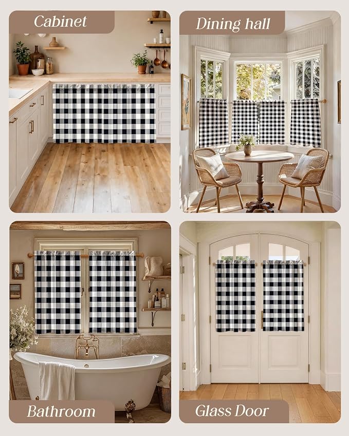 Miss Adola Farmhouse Kitchen Tier Curtains - 36 Inch Length Linen Blend Cafe Curtains Plaid Checkered Small Window Treatments Over Sink Rod Pocket for Bathroom Living Room Light Filtering, 2 Panels