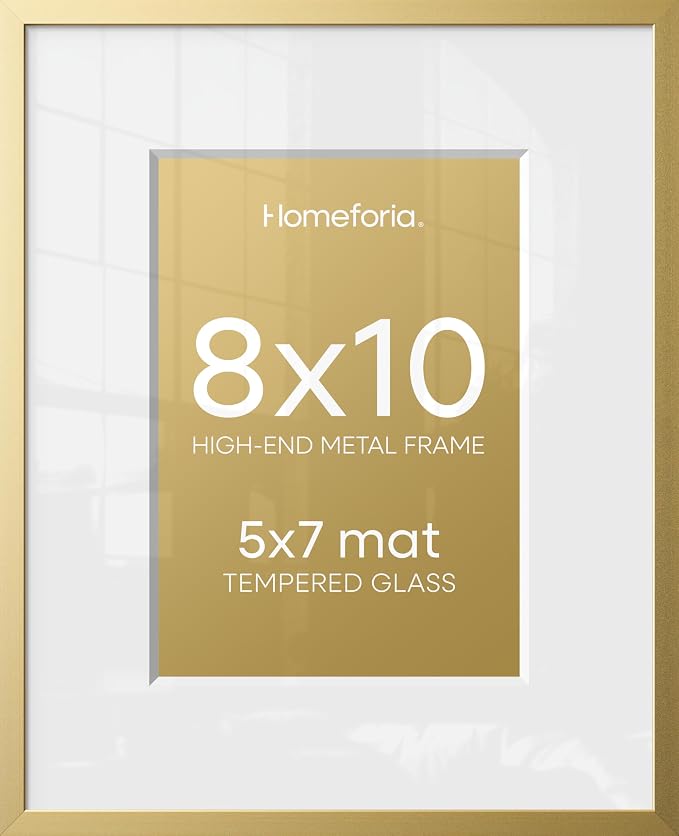 Homeforia 8x10 Picture Frame Gold, High End Metal 8 x 10 Photo Frames with Mat 5 by 7 Art, 10x8 Poster Frame Matted to 5x7 inch Print, 8by10 Wall or Tabletop Frames, Tempered Glass, Wall Kit, Set of 3
