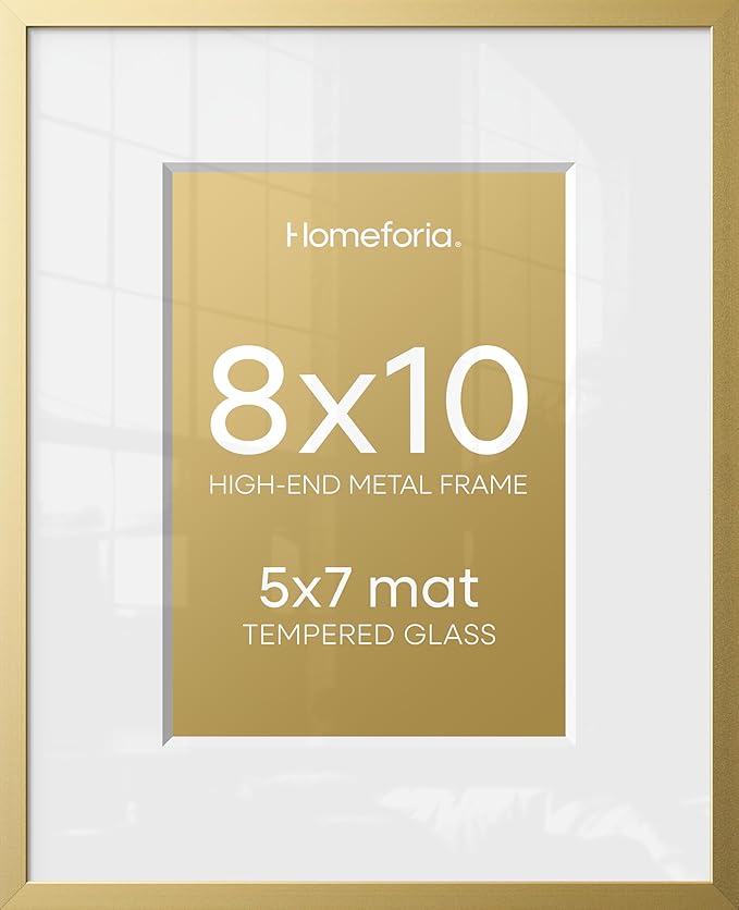 Homeforia 8x10 Picture Frame Gold, High End Metal 8 x 10 Photo Frames with Mat 5 by 7 Art, 10x8 Poster Frame Matted to 5x7 inch Print, 8by10 Wall or Tabletop Frames, Tempered Glass, Wall Kit, Set of 4