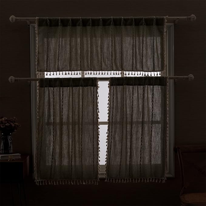 RoomTalks Sage Green Boho Kitchen Valances for Windows Rod Pocket 18’’L x 52’’W Spring Summer French Striped Modern Farmhouse Chic Tassel Curtain Valances for Bathroom Living Room