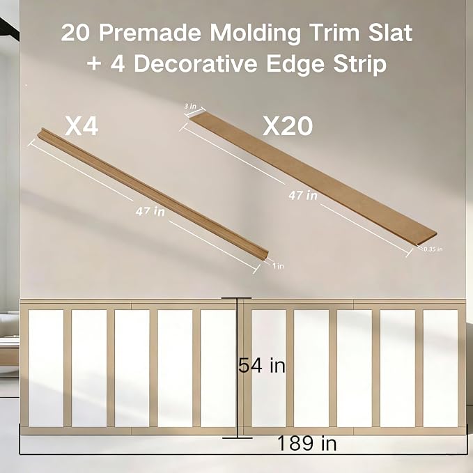 2 Set 94.5 in x 54 in MDF Board and Batten, Paintable Wainscoting Kit,Molding Trim Slat with Edge Strip，Premade Accent Wall Panel for DIY Kitchen Bedroom Living Room Home Decor Covers (189 x 54 Inch)