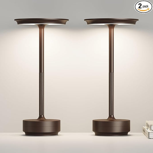 Cordless Table Lamp, Rechargeable 5000mAh Outdoor LED Table Lamp, 3 Levels Brightness Dimming IP54 Waterproof Touch Battery Powered Table Lights, Dining Room/Patio/Nightstand (2Pack Brown)