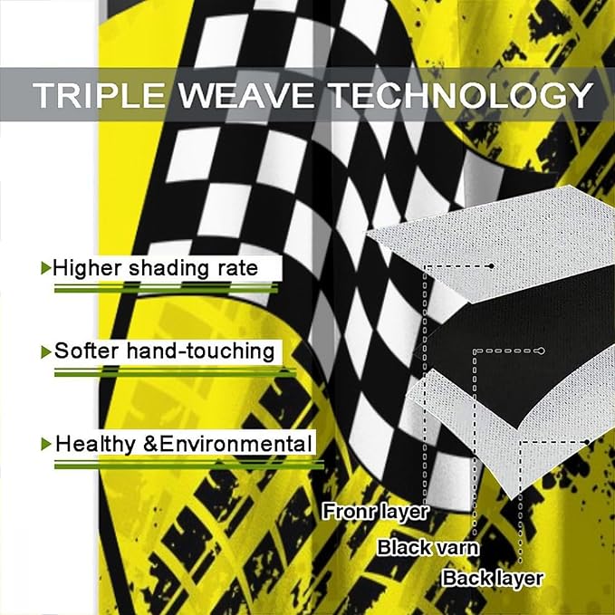 Race Car Window Curtains,Kids Teens Boys Checkered Flag Game Theme White Black Yellow Window for Dining Room Office Living Room Kitchen Bedroom Cafe Drapes, 42x54 in