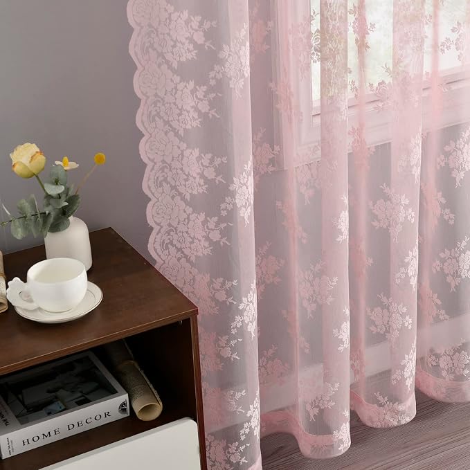 Kotile Pink Lace Curtains for Girls Bedroom - Vintage Floral Pattern Sheer Lace Curtains 72 Inch Length, Privacy Rod Pocket Scalloped Sheer Lace Window Curtain 2 Panels Set, 52 x 72 Inch, Pink