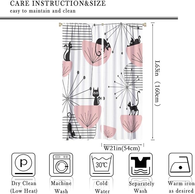 JESTRONRY Mid Century Cat Curtains, Pink Atomic Abstract Geometric 1950s 1960s Retro Style Rod Sleeves Window Drapes for Bedroom Living Room Home Decor 42x63in