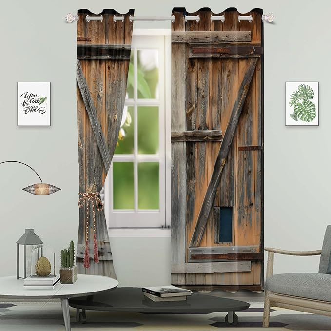 Old Grey Wood Barn Door Window Curtains American Rustic Garage Door Curtains Vintage Wooden Door Window Drapes Wood Planks Rural Style Native Farmhouse Bedroom Treatment,26x63 inch,2 Panels