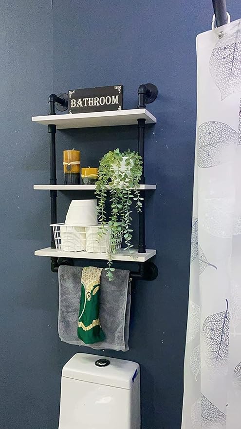 ROGMARS Industrial Pipe Shelving Bathroom Shelves with Towel Bar | Retro White Rustic Farmhouse Industrial Wall shelf Bathroom Shelves Over toilet for Storage 3 Tier 24 inch