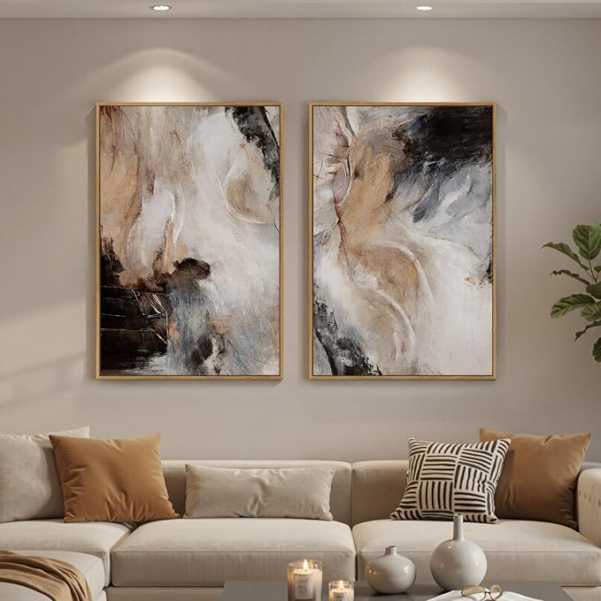 Large Framed Neutral Abstract Wall Art for Living Room, Set of 2 Brown Gray Black Modern Canvas Artwork for Walls, Luxury Watercolor Contemporary Painting Prints Wall Decor Hallway Office, 24x36 Inch