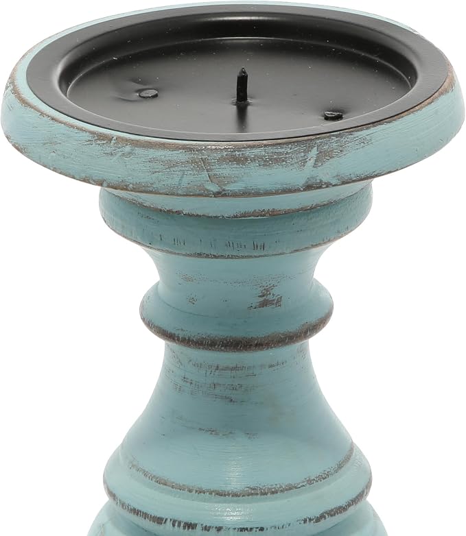 Deco 79 Mango Wood Decorative Candle Holder Distressed Turned Pillar Candle Stand, Set of 3 Candlestick Holder 6", 8", 10"H, Light Blue