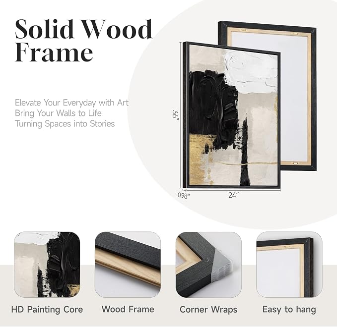 Framed Black and White Abstract Wall Art for Living Room, Set of 2 Gold Modern Minimalist Canvas Artwork for Walls, Large Black White and Gold Luxury Prints Wall Decor for Bedroom Hallway, 24x36 Inch