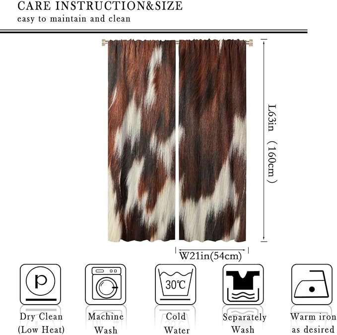 Cow Blackout Curtain,Animal Print Brown Cowhide Western Rustic Farm Farmhouse Window Treatments Rod Pocket Curtain for Bedroom Living Room Kitchen Decor Drapes 42x63in
