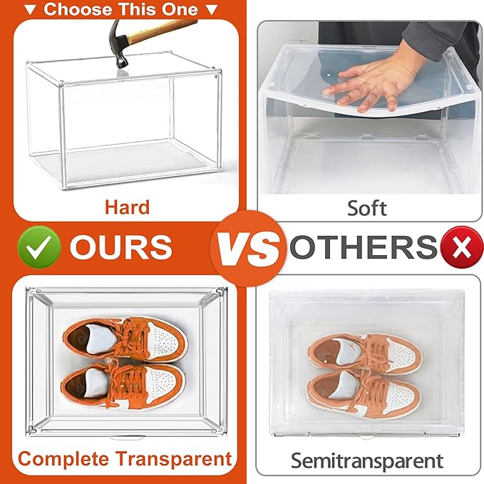 Clear Acrylic Shoe Storage Boxes 12 Pack, Size 14 Stackable Shoe Organizer with Magnetic Door, Space-Saving Sneaker Containers for Closet, Entryway, Transparent Display Case for Boots & Shoes