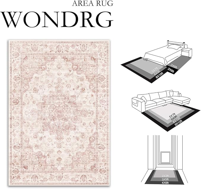 6x9 Washable Neutral Area Rug Pink Vintage Living Room Bedroom Carpet Non-Slip Soft Low Pile Farmhouse Indoor Throw Rug for Dining Room Entryway Office