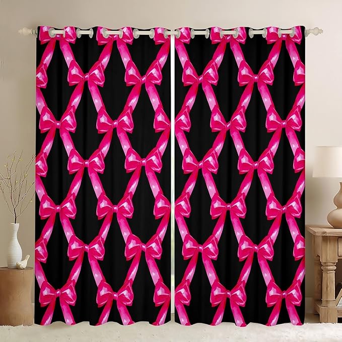Erosebridal Rose Pink Bow Window Curtain for Kids Teen Women,Bowknot Girls 42" Wx63 L Curtain Dreamy Princess Bow Tie Window Treatments Geometric Patchwork Bowknot Black Curtains & Drapes