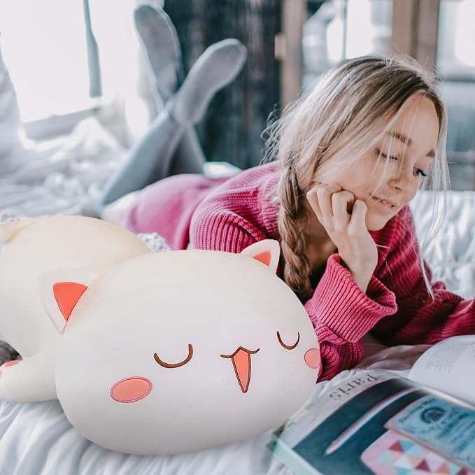 FUYU Cat Stuffed Animals, Soft Cat Plush Pillow Kawaii Kitten Stuffed Animal Toy Gifts for Kids Boys Girls Room Decor (White Squinted Eyes,27in/67cm)