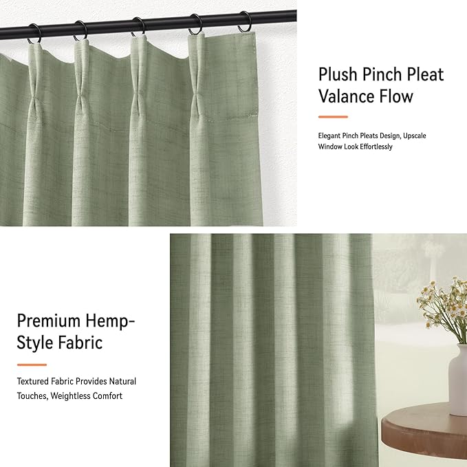 100% Blackout Shield Linen Look Textured Pinch Pleated Curtains Blackout Drapes 84 Inch Long 2 Panels Set, Sage Green Blackout Curtains for Bedroom & Living Room, 40" W x 84" L