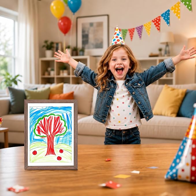 KINLINK 9x12 Kids Art Frame 2 Pack, Solid Wood Artwork Frames Changeable, Front Opening Hold 150 Pictures, Art Frames for Kids Artwork, 8.5x11 with Mat 9x12 without Mat, Picture Frames Brown Wood
