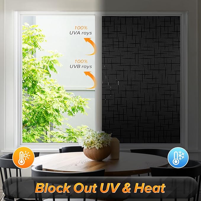 rabbitgoo Blackout Window Film, Sun Light Blocking Room Darkening Privacy Window Cover, Removable Day Sleep Black Out Shades Tint for Home Frosted Glass Film, 3D Cross, Black, 35.4" x 78.5"